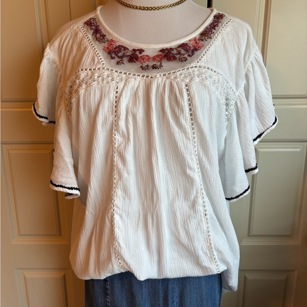 Sundance White Gauze Blouse with Floral Embroidery